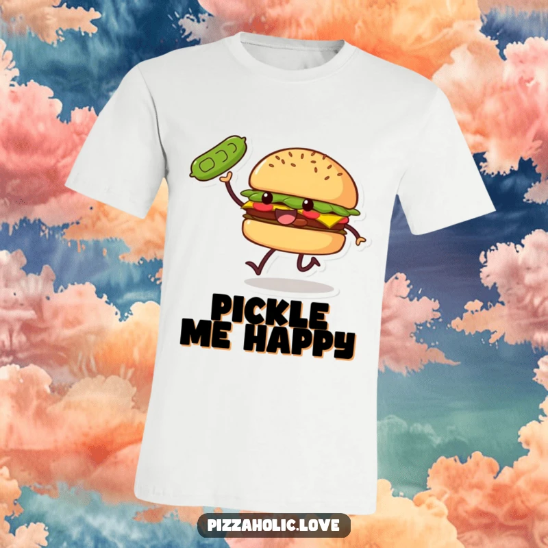 Funny Burger Skip T-Shirt: a smiling burger with small legs doing a joyful skip, tossing a pickle, celebrating good times.