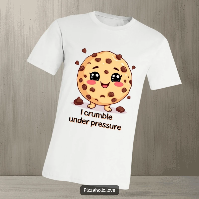 Funny Cookie Juggling T-Shirt: A cookie with a cheesy grin juggling chocolate chips, embodying baking fun, ideal funny gift.