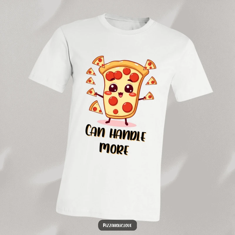 Funny pizza t-shirt featuring a pepperoni pizza slice with wide cartoon eyes engaged in the impressive feat of juggling smaller pizzas.