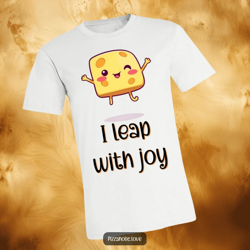 Funny cheese t-shirt featuring a bubbly cartoon cheese piece with legs mid-jump, symbolizing energetic fun and cheesy delight.