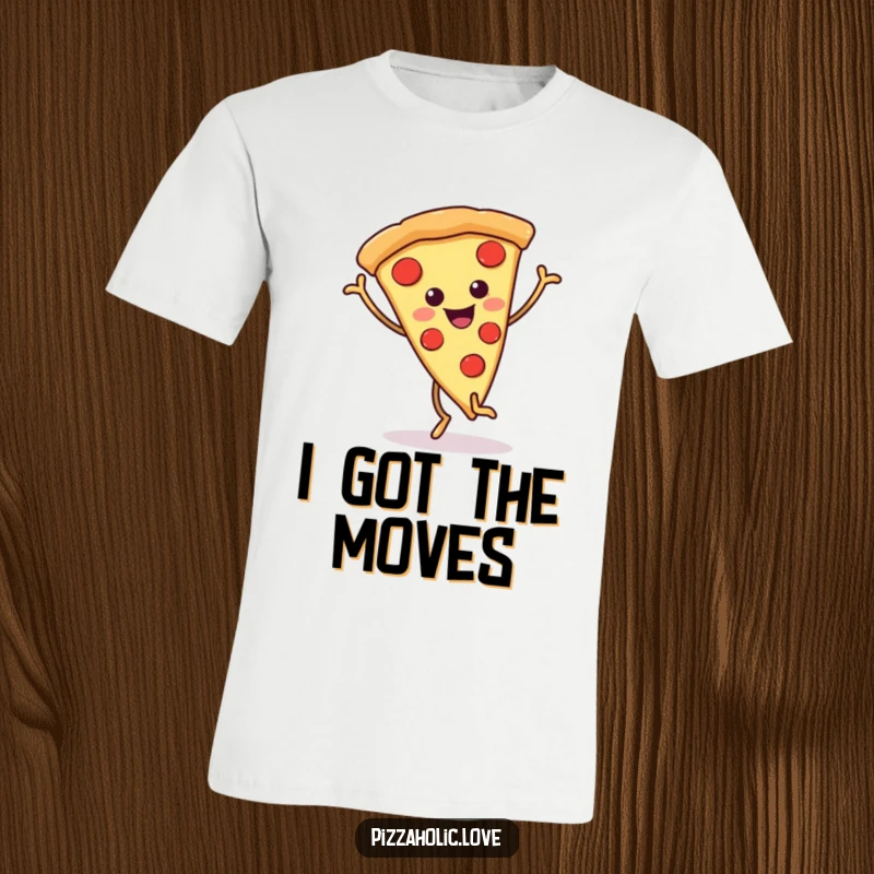 Funny pizza t-shirt showcasing a vibrant, smiling pizza slice energetically dancing on its wiggly legs, radiating pure happiness.