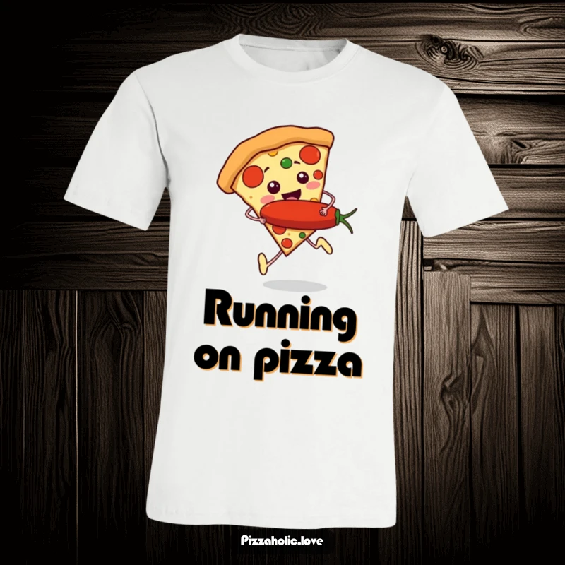 Funny Pizza Runner T-Shirt: a slice of pizza with tiny feet running excitedly, holding a giant pepperoni, capturing a moment of pure joy.