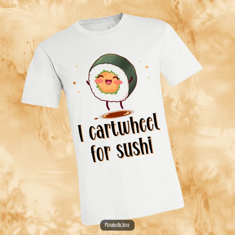Funny sushi roll t-shirt with tiny legs doing a cartwheel, playfully scattering soy sauce in a vibrant cartoon style.