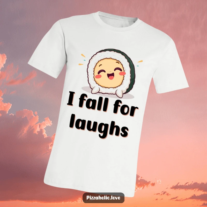 Funny sushi t-shirt depicting a smiling sushi piece comically falling, legs and arms in the air, showcasing a hilarious mishap.