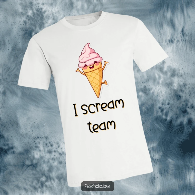 Funny t-shirt showcasing a cheerful ice cream cone with a grin, doing a cartwheel, radiating sweet, playful energy.
