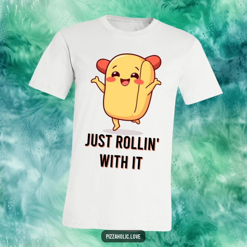 Funny t-shirt showcasing a smiling hot dog in a bun performing an energetic jig, embodying pure culinary happiness.
