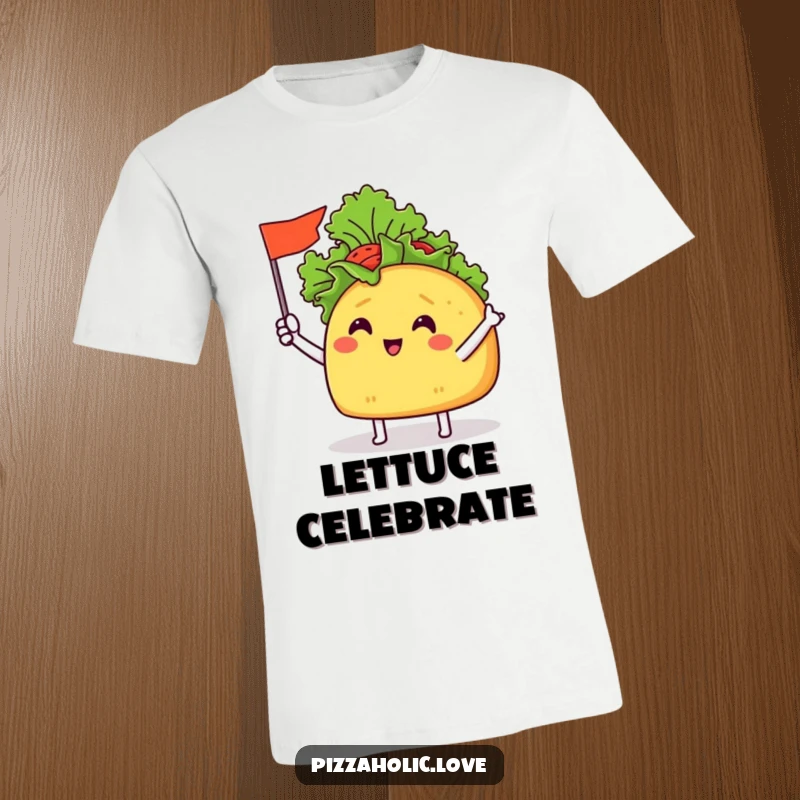 Funny Taco Flag T-Shirt: a cheerful taco with tiny arms waving a miniature flag made of lettuce, ready for a fiesta.