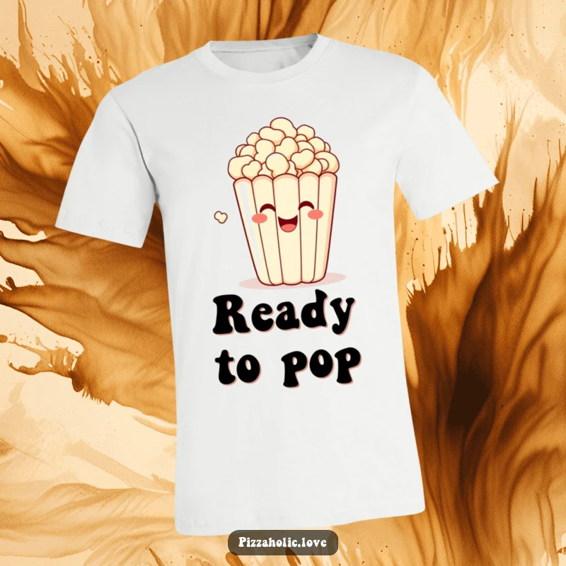 Funny t-shirt showcasing a bubbly, happy bag of popcorn with a grin, popping with delight, expressing energetic excitement.