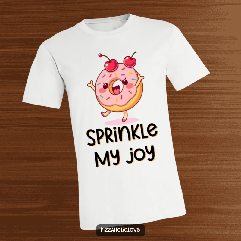 Funny dancing donut t-shirt with sprinkles, gleefully tossing a cherry in a playful cartoon style.