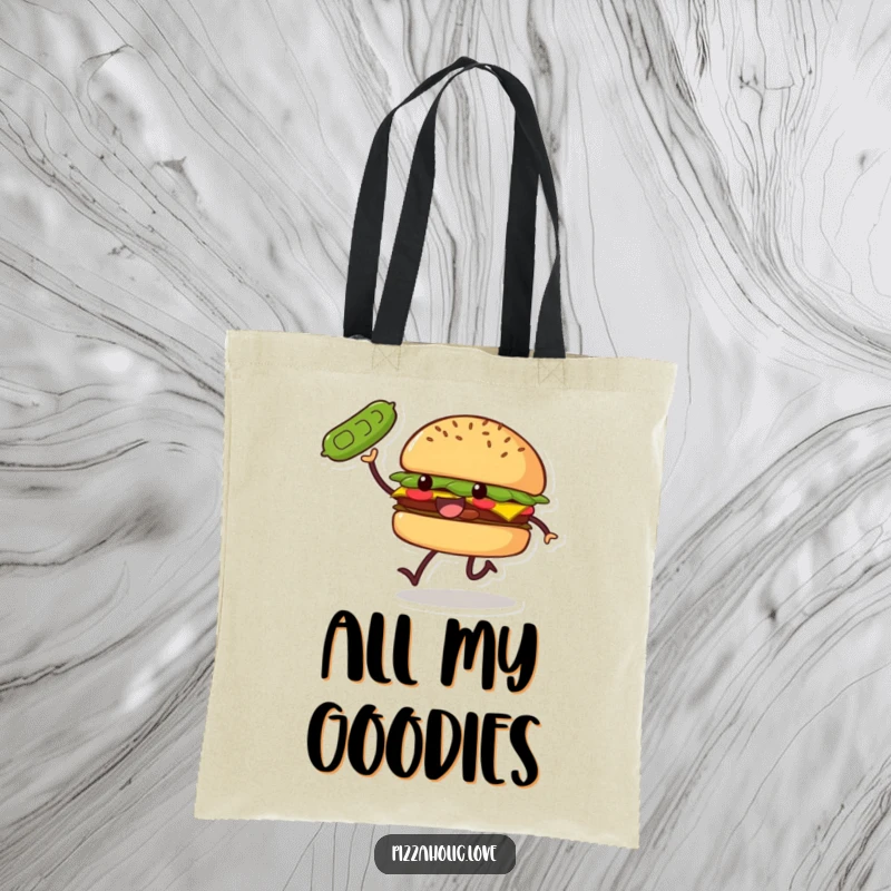 Funny Burger Skip Tote Bag: a smiling burger with small legs doing a joyful skip, tossing a pickle, great for shopping.