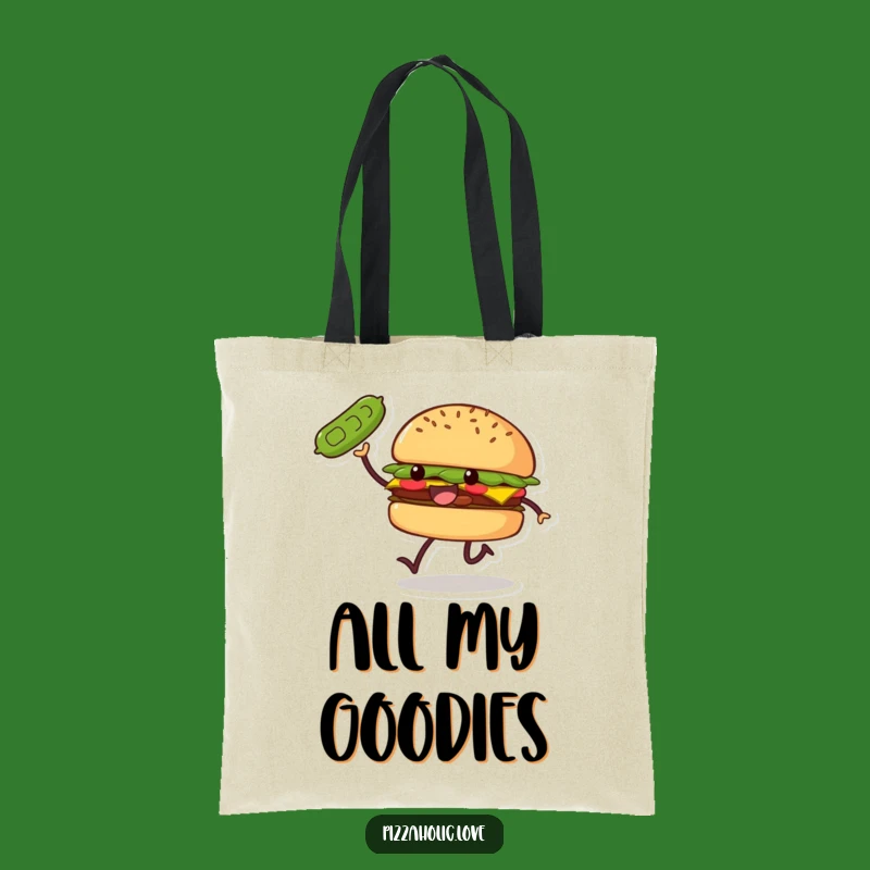 Funny Burger Skip Tote Bag: Smiling Patty, Pickle Toss, Everyday Carryall Gift