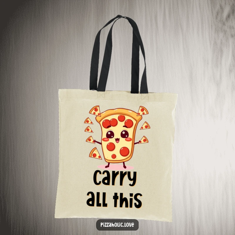 Funny pizza tote bag showing a pepperoni pizza slice with cartoon eyes expertly juggling several smaller pizza slices, symbolizing fun chaos.