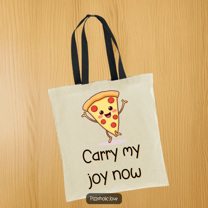 Funny pizza tote bag showing a grinning pizza slice with wiggly legs performing a delightful happy dance, full of playful energy.