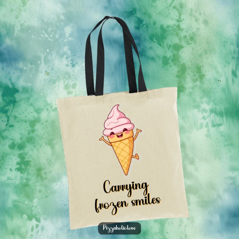 Funny tote bag featuring a cheerful ice cream cone with a grin, doing a cartwheel, perfect for carrying essentials with sweet flair.