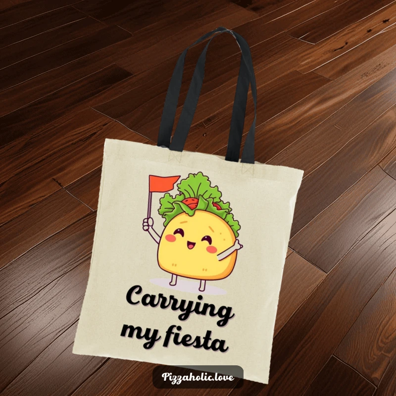Funny Taco Flag Tote Bag: a cheerful taco with tiny arms waving a miniature flag made of lettuce, perfect for groceries.