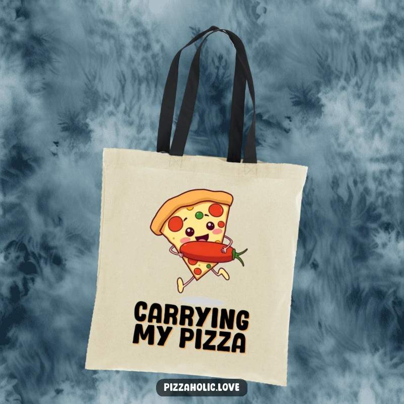Funny Pizza Runner Tote Bag: a slice of pizza with tiny feet running excitedly, holding a giant pepperoni, perfect for carrying groceries.