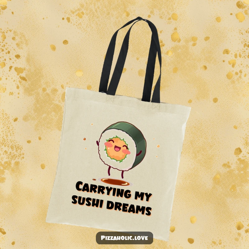Funny sushi roll tote bag with cute tiny legs doing a cartwheel, scattering soy sauce.