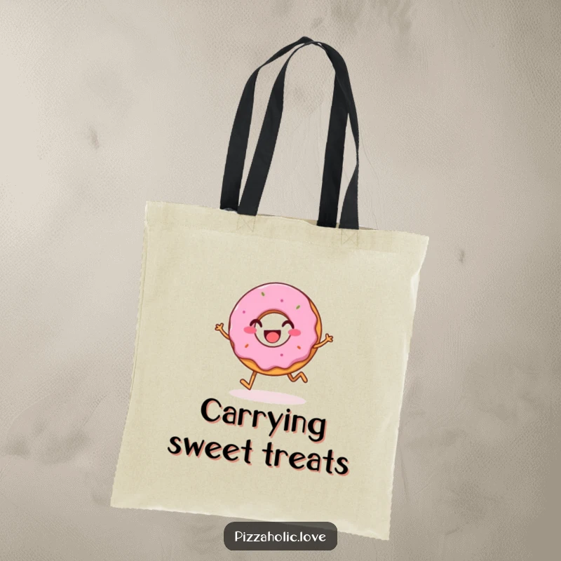 Funny tote bag featuring a bubbly, happy donut with a grin, joyfully hopping, ready to carry your goods in style.