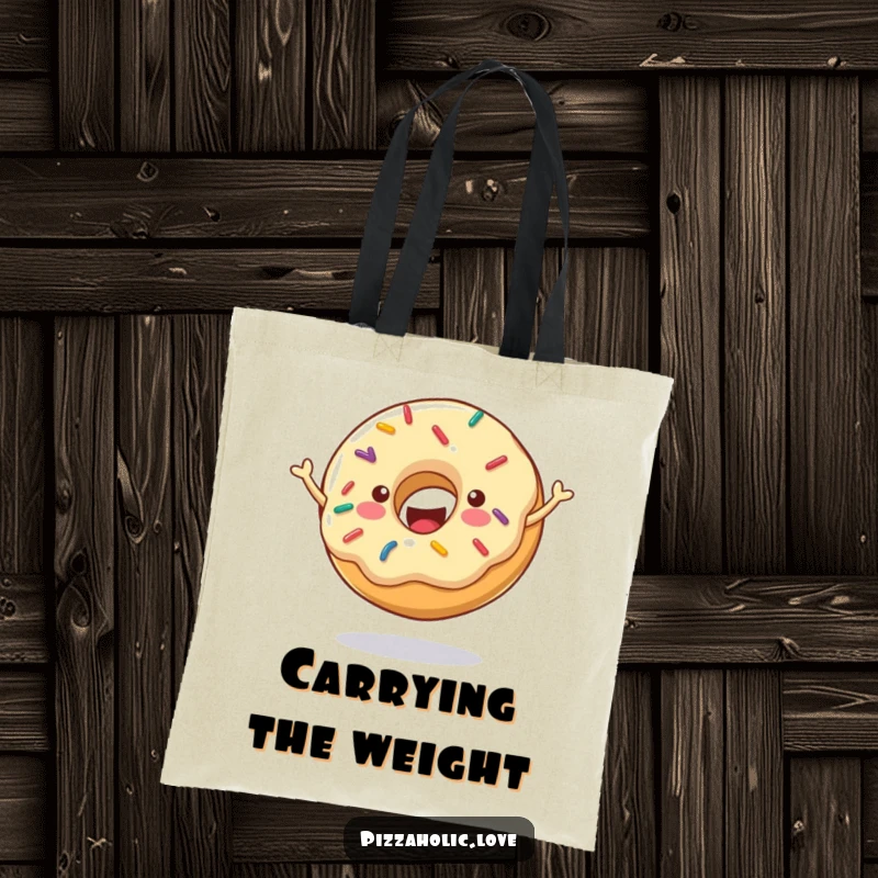 Funny Cheerful Donut Tote Bag: A happy donut with sprinkles, bouncing energetically, perfect for carrying groceries, funny gift.