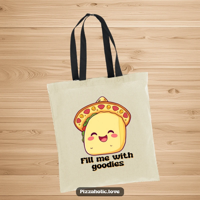 Funny kawaii taco tote bag featuring a happy taco wearing a cheese sombrero, perfect for carrying essentials with Mexican flair.