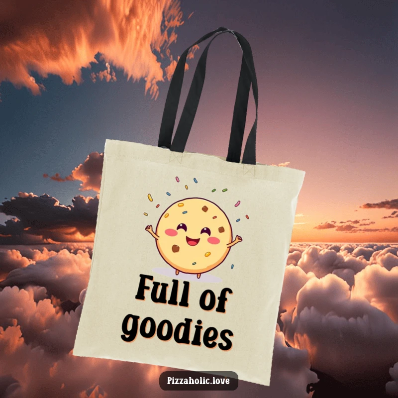 Funny tote bag featuring a smiling, round cookie with a grin, juggling sprinkles, perfect for carrying essentials with sweet flair.