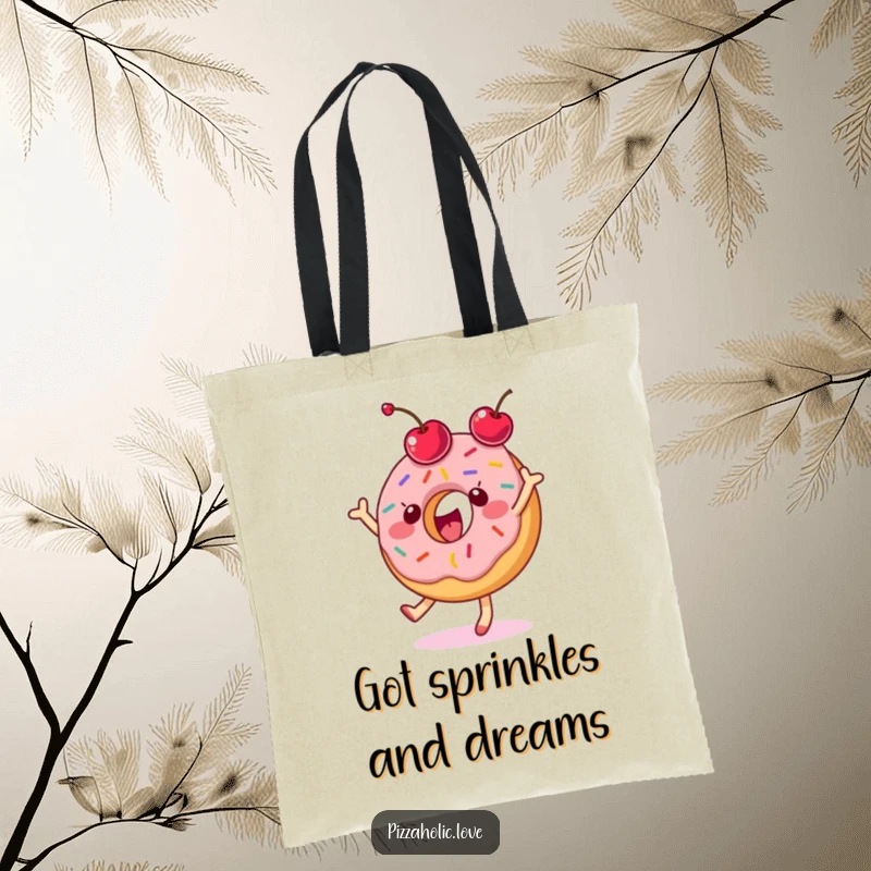 Funny donut tote bag with a happy character dancing gleefully and tossing a cherry.