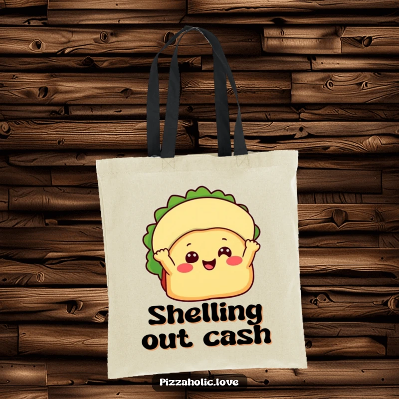 Funny Happy Taco Tote Bag: A beaming taco with little arms waving hello, perfect for carrying groceries, funny gift.