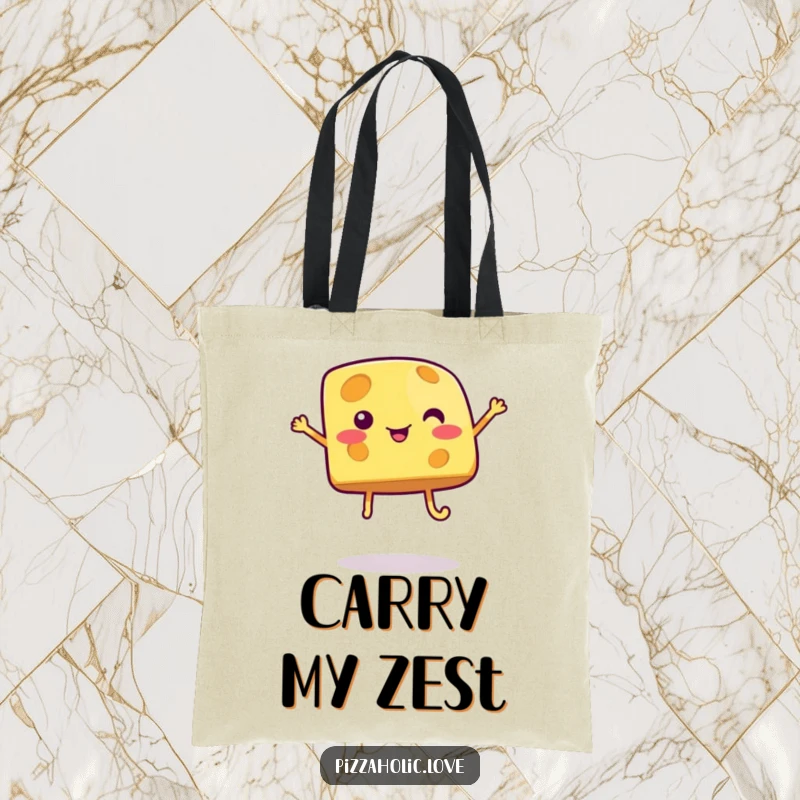 Funny cheese tote bag showing a bubbly cartoon cheese piece with legs jumping happily, perfect for carrying your essentials with flair.