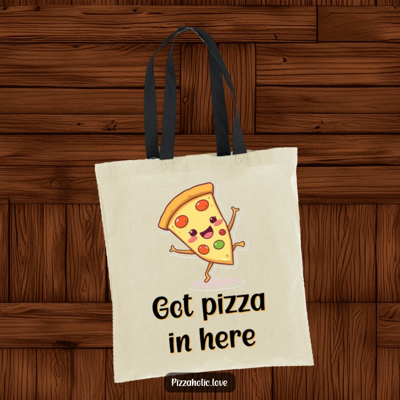 Funny Pizza Cartwheel Tote Bag: A happy pizza slice with little legs doing a cartwheel, perfect for carrying groceries, funny gift.
