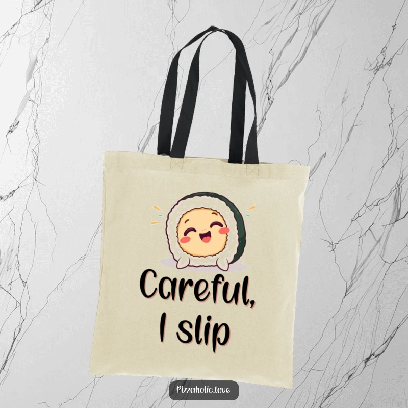 Funny sushi tote bag showing a smiling sushi piece in a dramatic, comical pratfall, perfect for carrying your goodies with humor.