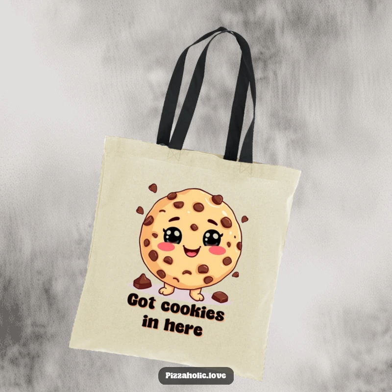 Funny Cookie Juggling Tote Bag: A cookie with a cheesy grin juggling chocolate chips, perfect for carrying groceries, funny gift.