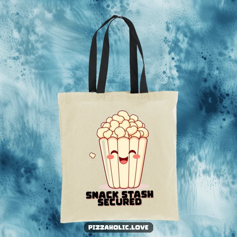 Funny tote bag featuring a bubbly, happy bag of popcorn with a grin, popping with delight, perfect for carrying essentials.